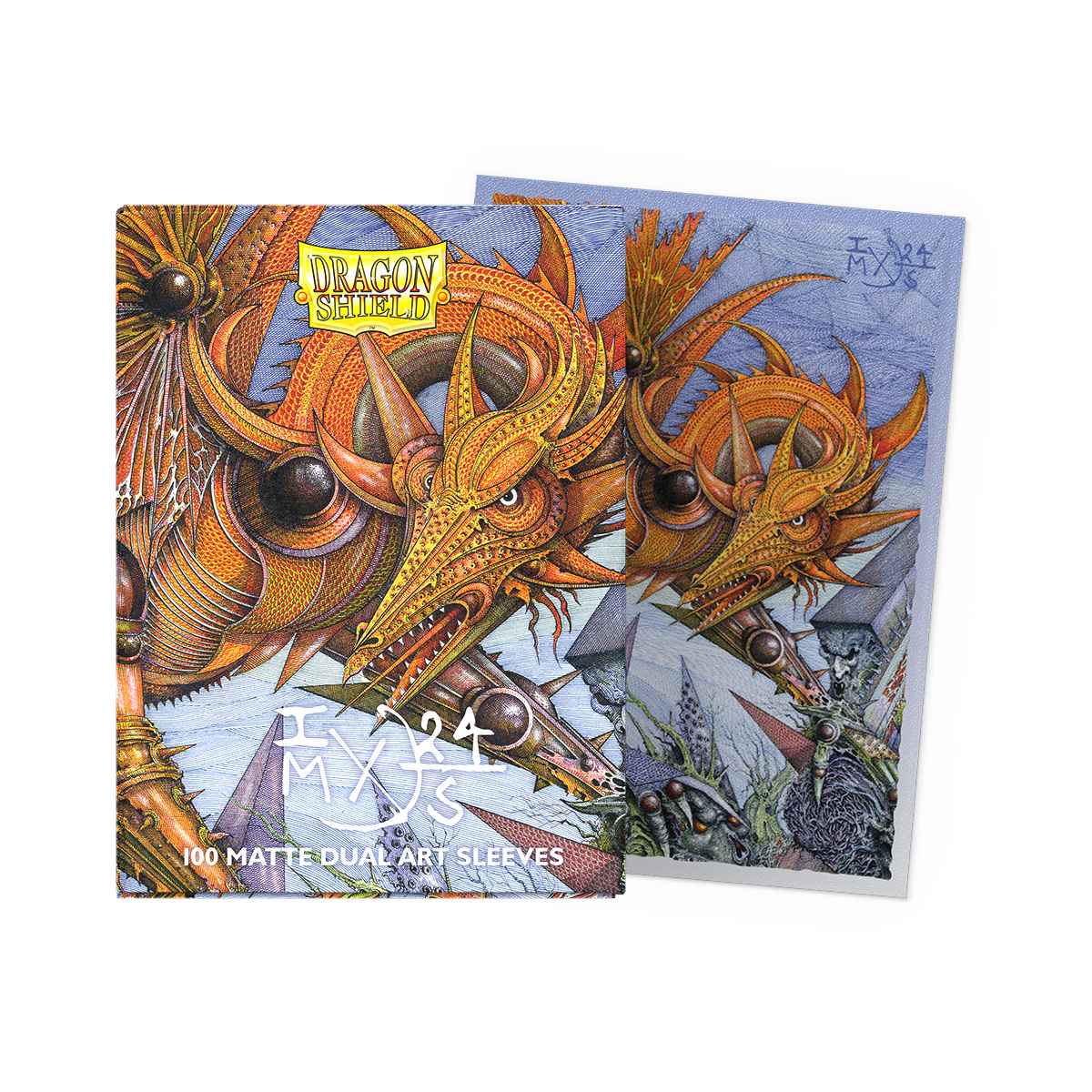 Two packs of Dragon Shield Sleeves featuring intricate golden dragon heads and mythological art on a blue background, with text 100 Matte Dual Art Sleeves