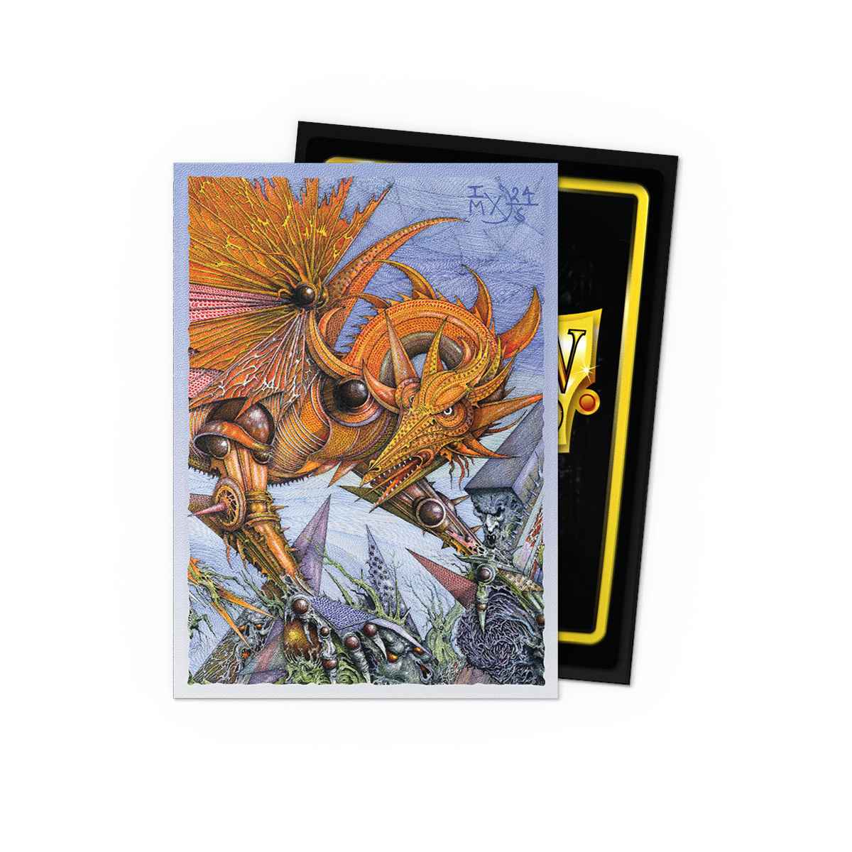 Dragon Shield sleeves showing an orange mechanical dragon design, with a black sleeve visible behind it
