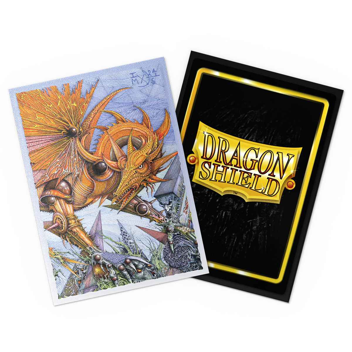 Two Dragon Shield sleeves, one showing an intricate golden mechanical dragon illustration, the other black with a gold border