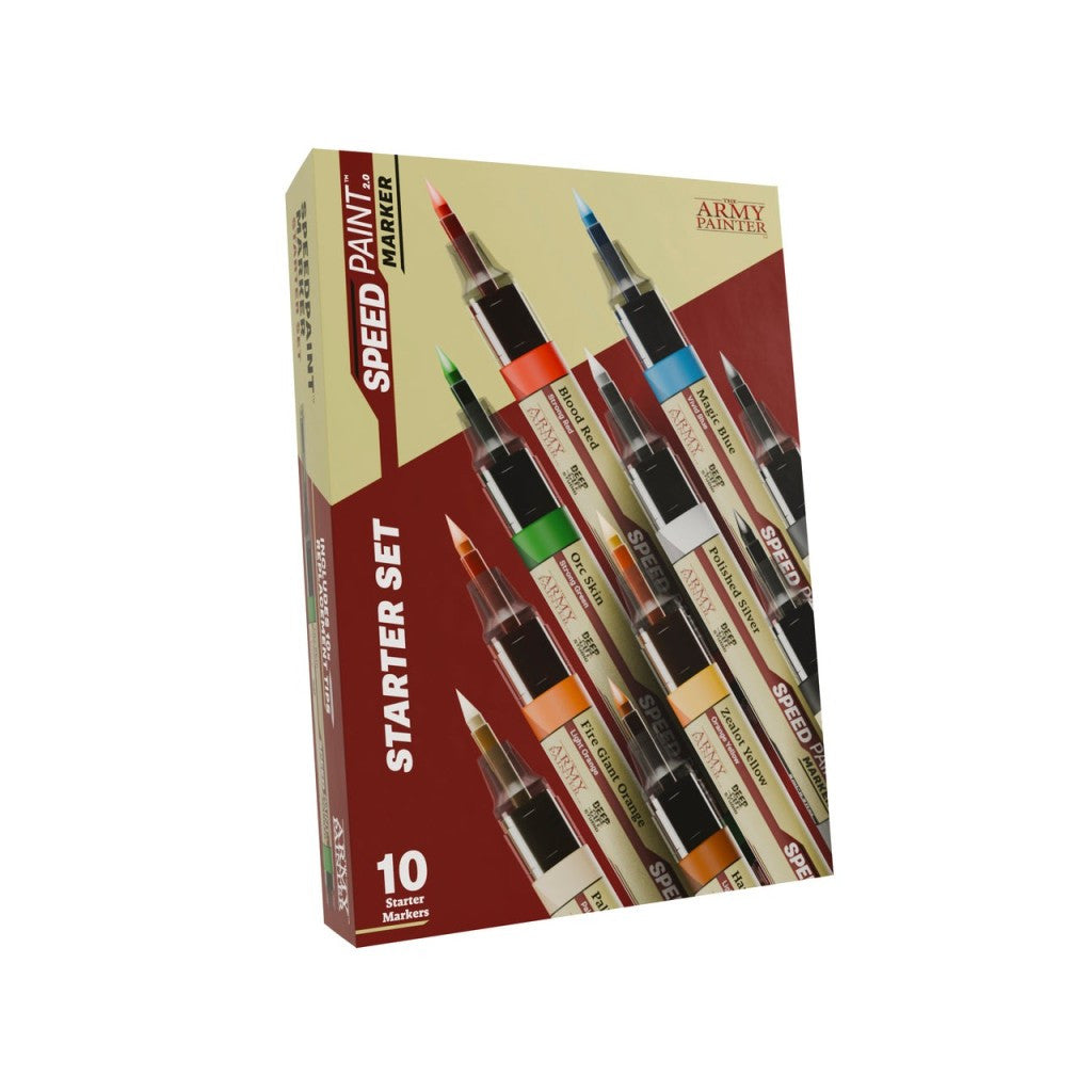 Army Painter Speedpaint 20 Marker Starter Set packaging displays ten markers including Orc Skin and Zealot Yellow against a beige and dark red background