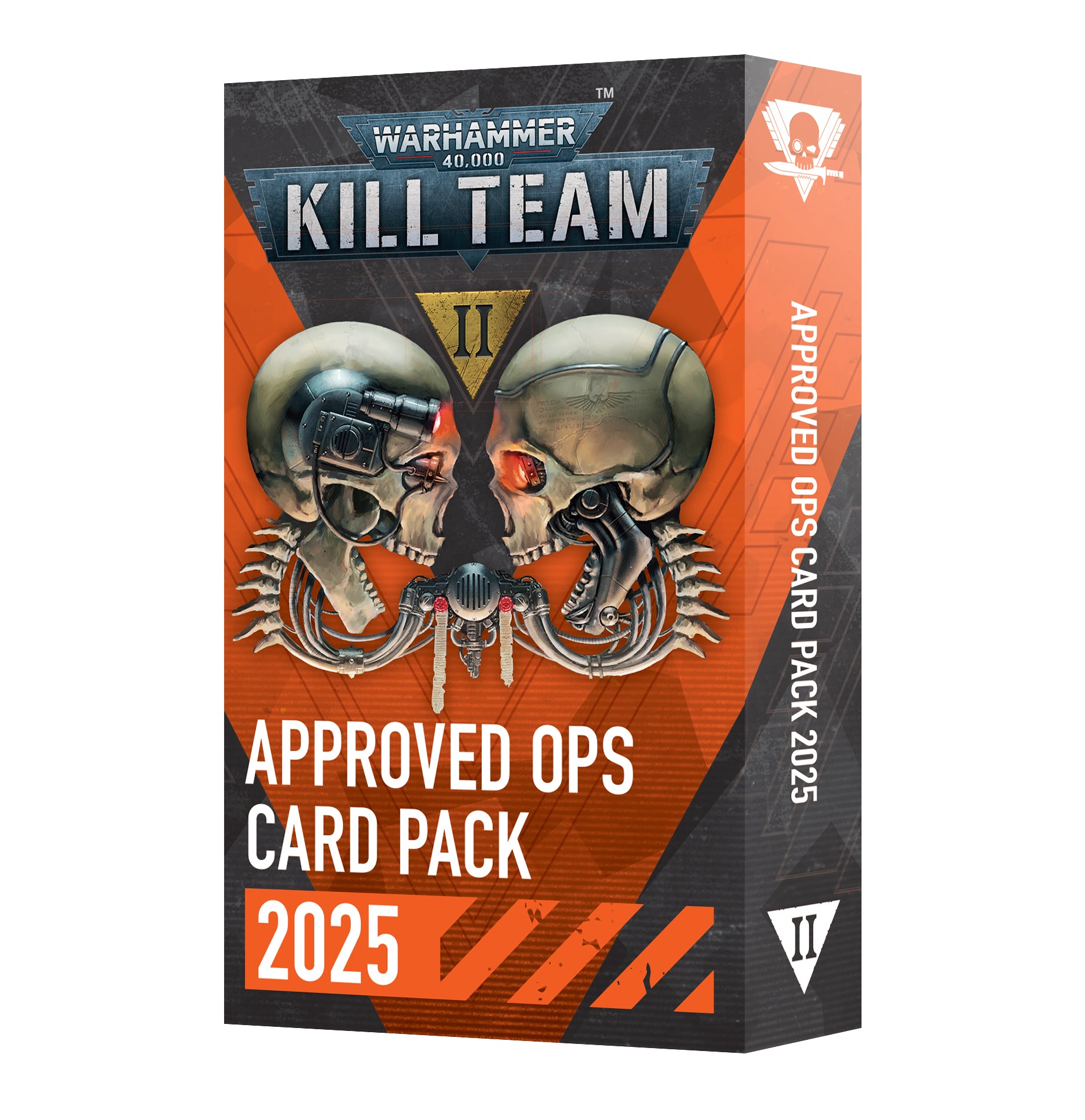 Warhammer 40k Kill Team Approved Ops Card Pack 2025 box, Art shows two opposing cybernetic skulls
