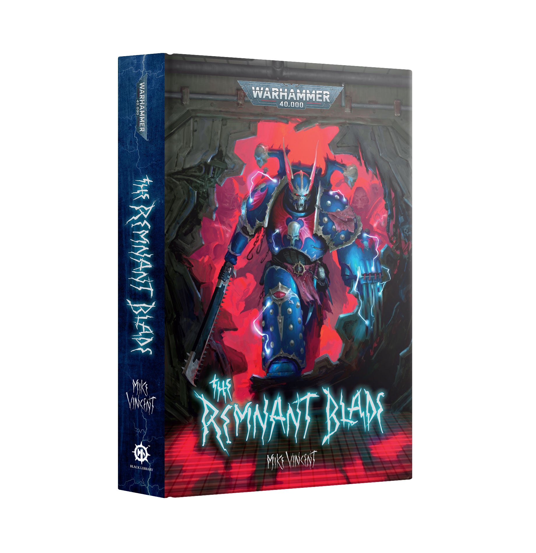 Blue Chaos Space Marine holding a chainsword, illuminated by red warp energy