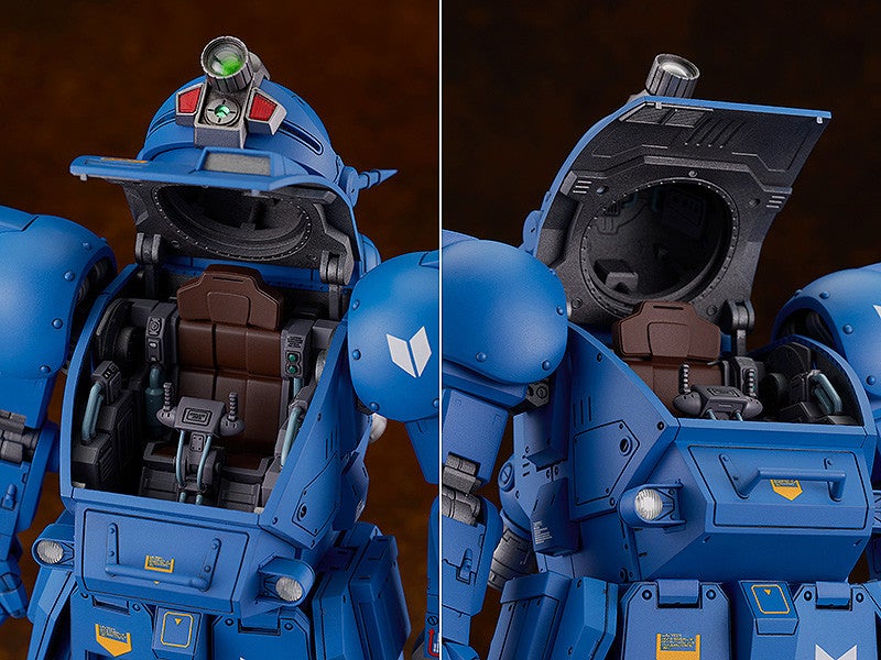 Blue mech model with cockpit open to show pilot seat (left) and the hatch&#39;s underside (right)