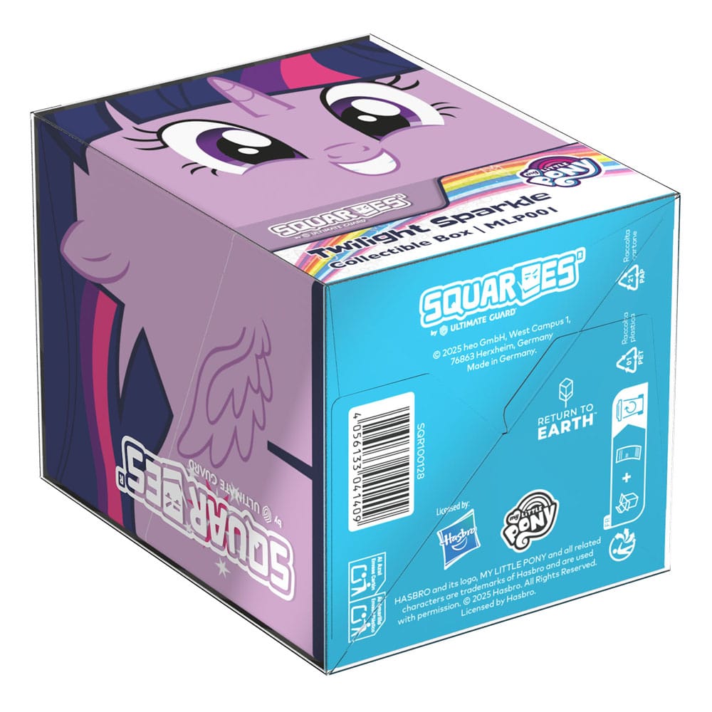 A collectible box featuring My Little Pony Twilight Sparkle's face on its purple top and side, with blue panels showing text and symbols