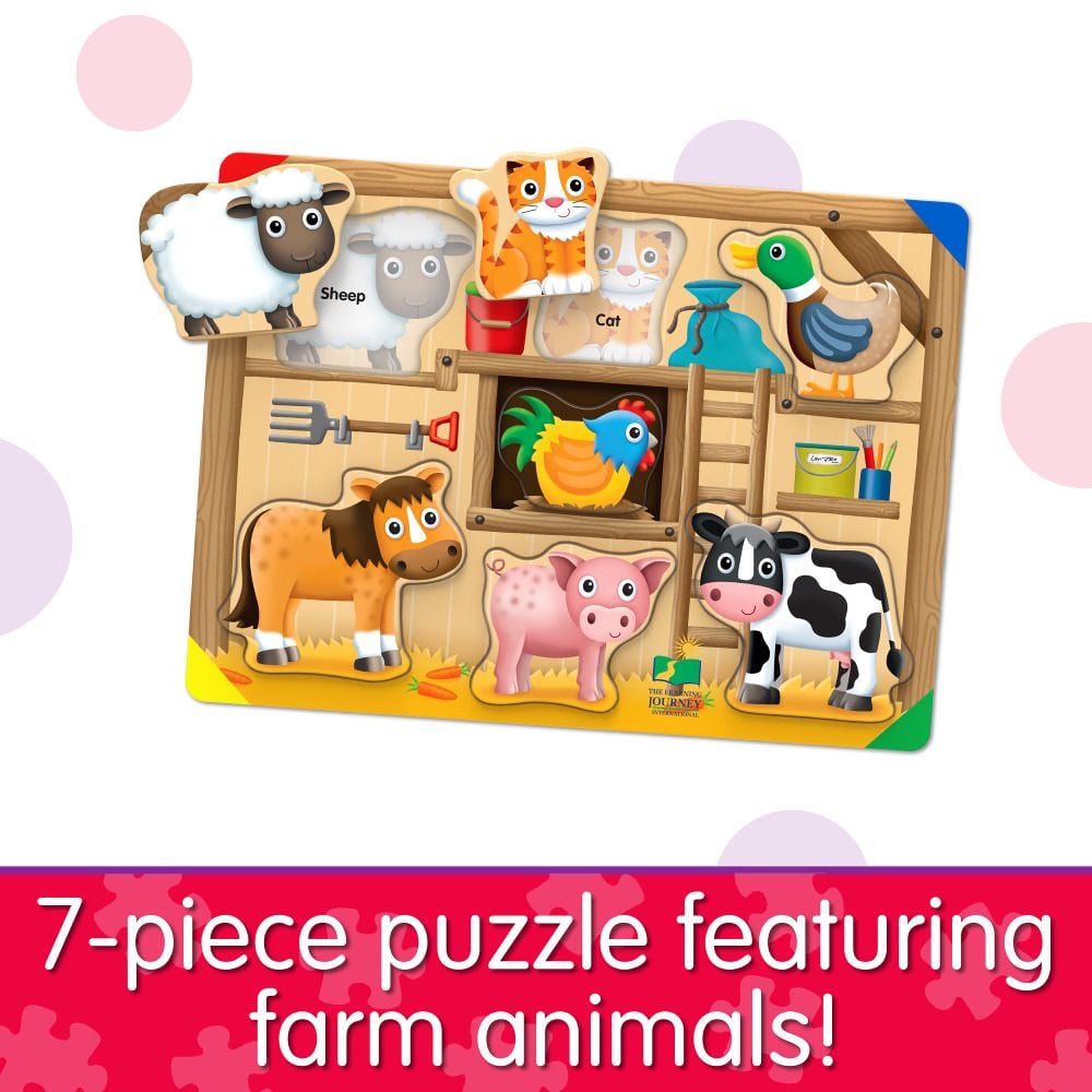 7-piece wooden barn puzzle for toddlers featuring a sheep, cat, duck, horse, rooster, pig, and cow