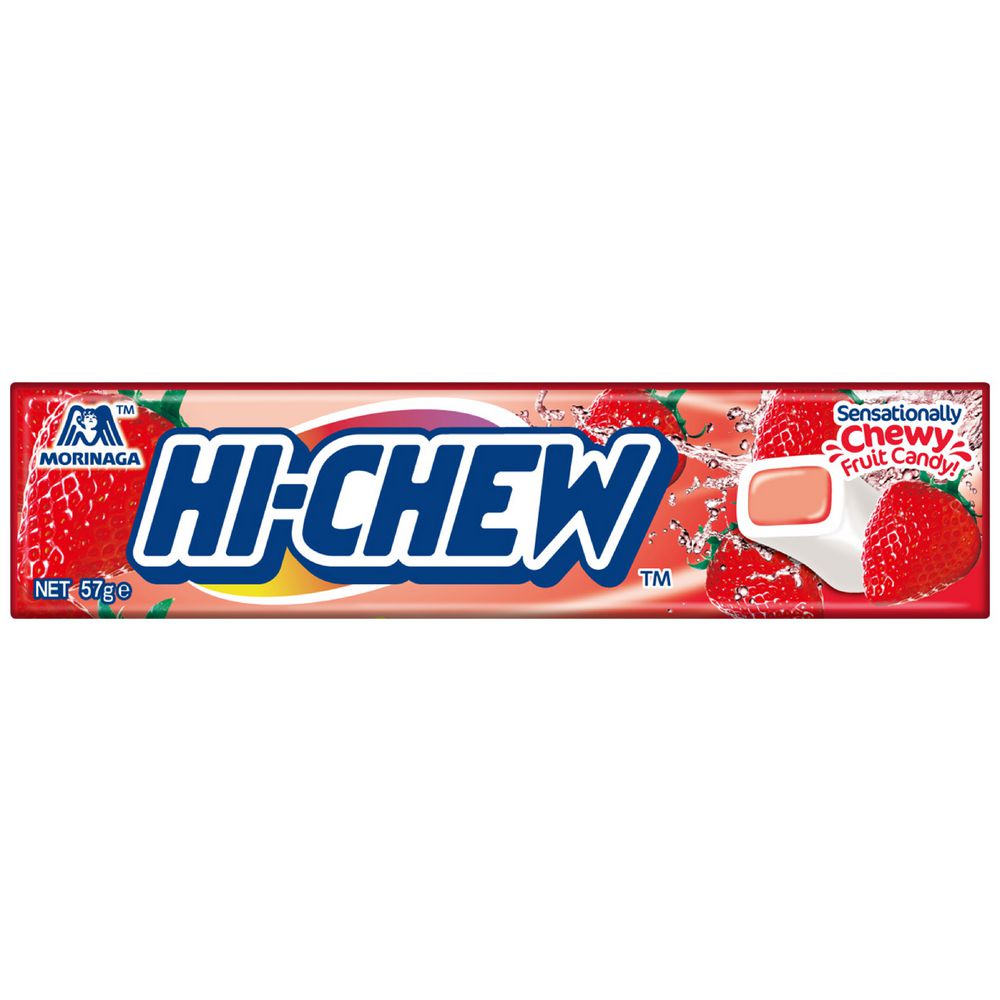 Hi-Chew Strawberry chewy fruit candy package, showing strawberries and a wrapped piece