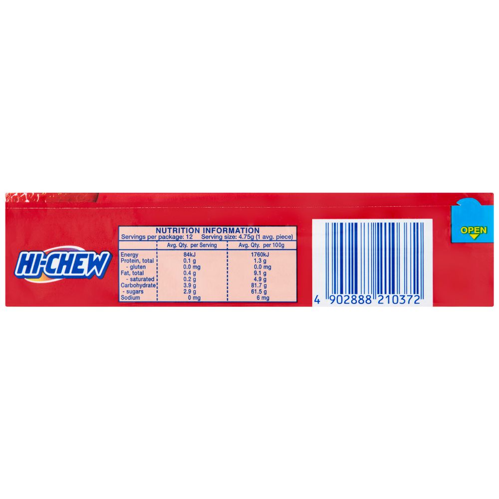 Hi-Chew Strawberry candy box showing the nutrition label, barcode, and "OPEN" tab on the red packaging