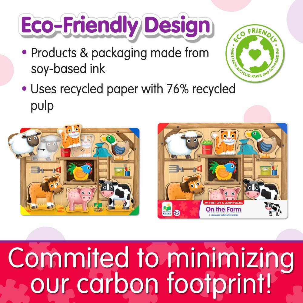 Eco-friendly farm animal puzzle set, highlighting use of soy-based ink, recycled paper, and commitment to carbon footprint reduction