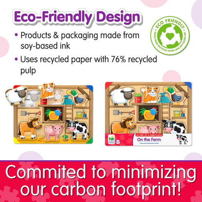 Eco-friendly farm animal puzzle set, highlighting use of soy-based ink, recycled paper, and commitment to carbon footprint reduction