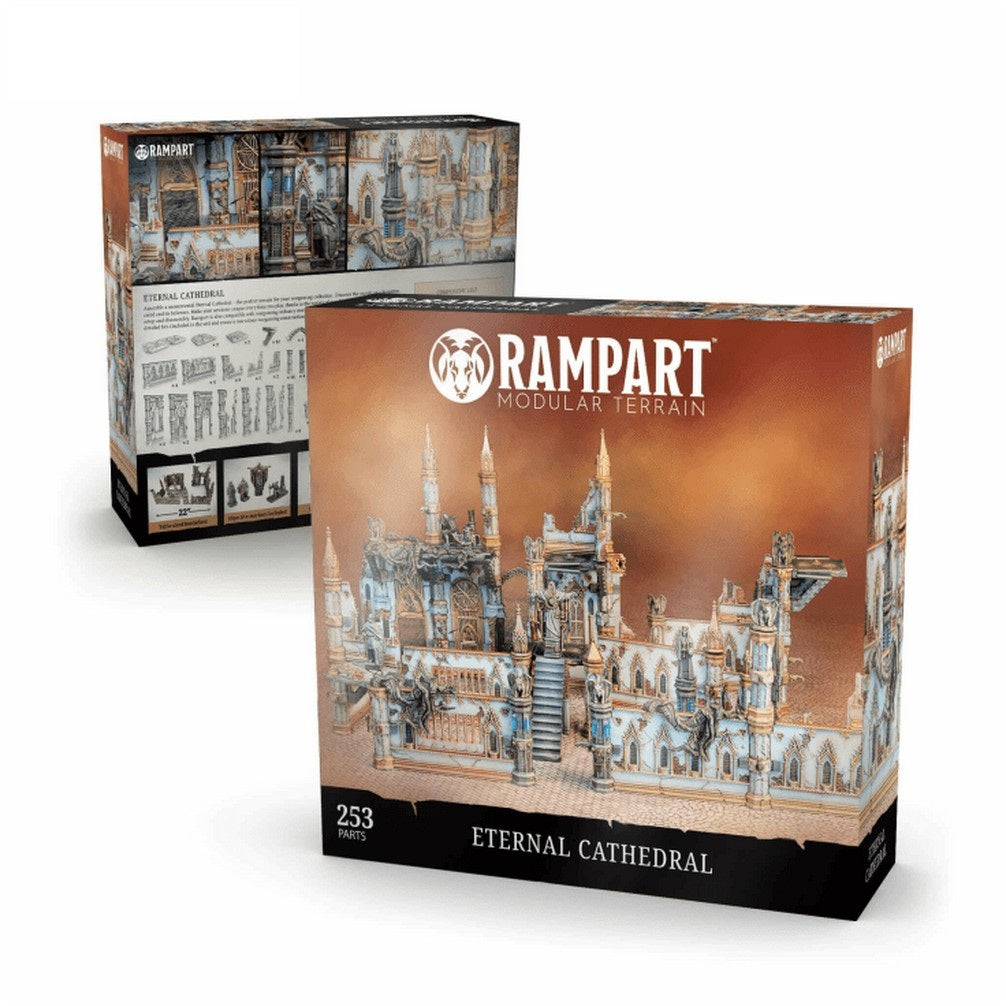 Two Rampart "Eternal Cathedral" modular terrain boxes display a detailed, assembled gothic tabletop terrain model
