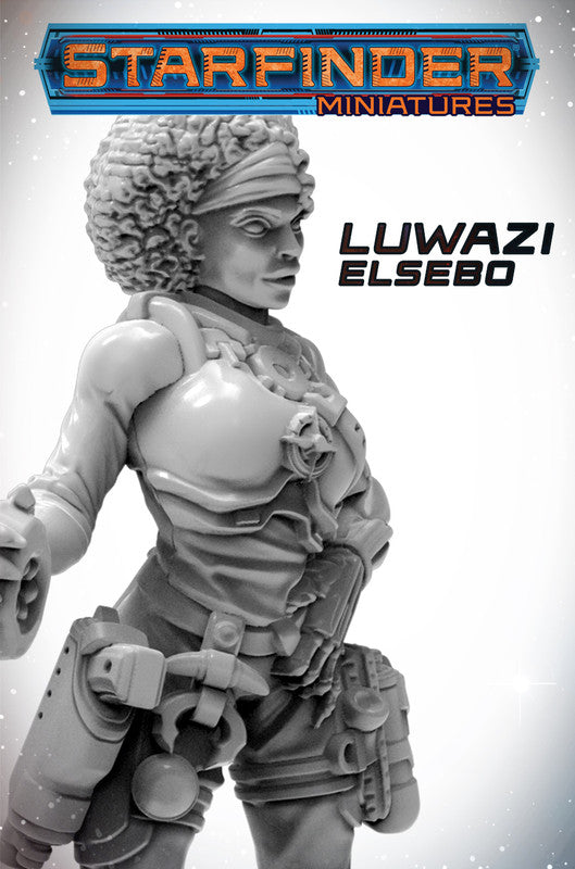 Unpainted Starfinder miniature: Luwazi Elsebo, a woman with curly hair in sci-fi armor, standing ready