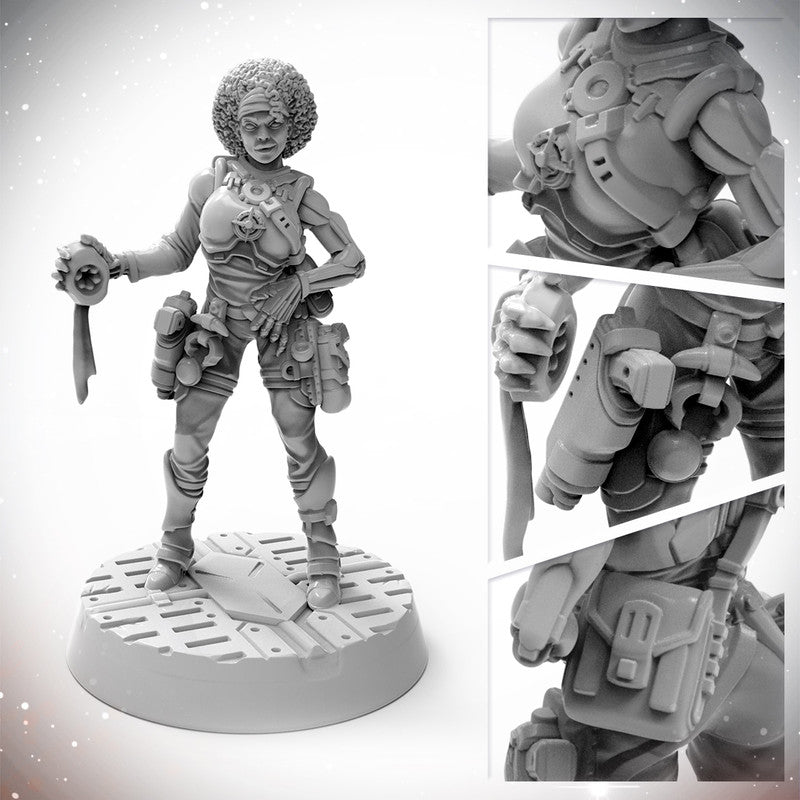 Grey miniature of a sci-fi woman with an afro, armored and equipped, holding a circular device with a cloth