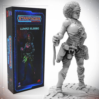 An unpainted Starfinder Luwazi Elsebo miniature, an armored sci-fi woman, with her character's game box