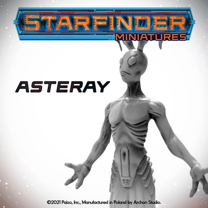 A gray Starfinder Asteray miniature, a gaunt alien with large eyes and small head antennae