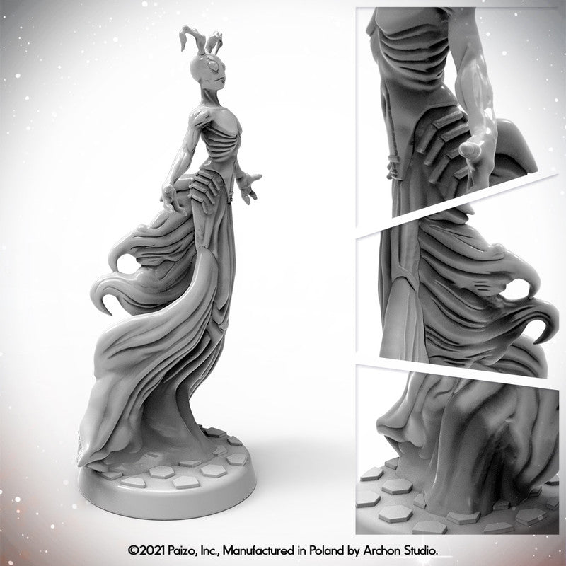 Grey Starfinder Asteray figure of a gaunt alien with antennae, flowing robes, and outstretched hands on a hexagonal base