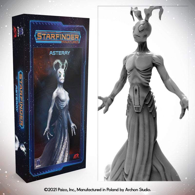 Starfinder Miniatures Asteray product box featuring a slender alien, shown alongside its grayscale 3D miniature render