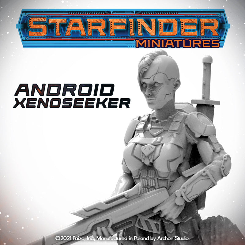 Unpainted Starfinder Android Xenoseeker miniature: female cyborg in armor, holding a rifle, with a sword on her back