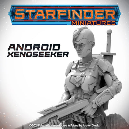 Unpainted Starfinder Android Xenoseeker miniature: female cyborg in armor, holding a rifle, with a sword on her back
