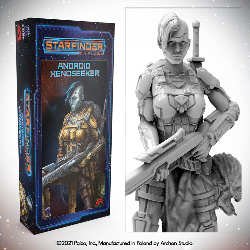 Starfinder Miniatures box and unpainted Android Xenoseeker miniature. Armored female android holds a rifle, sword on back