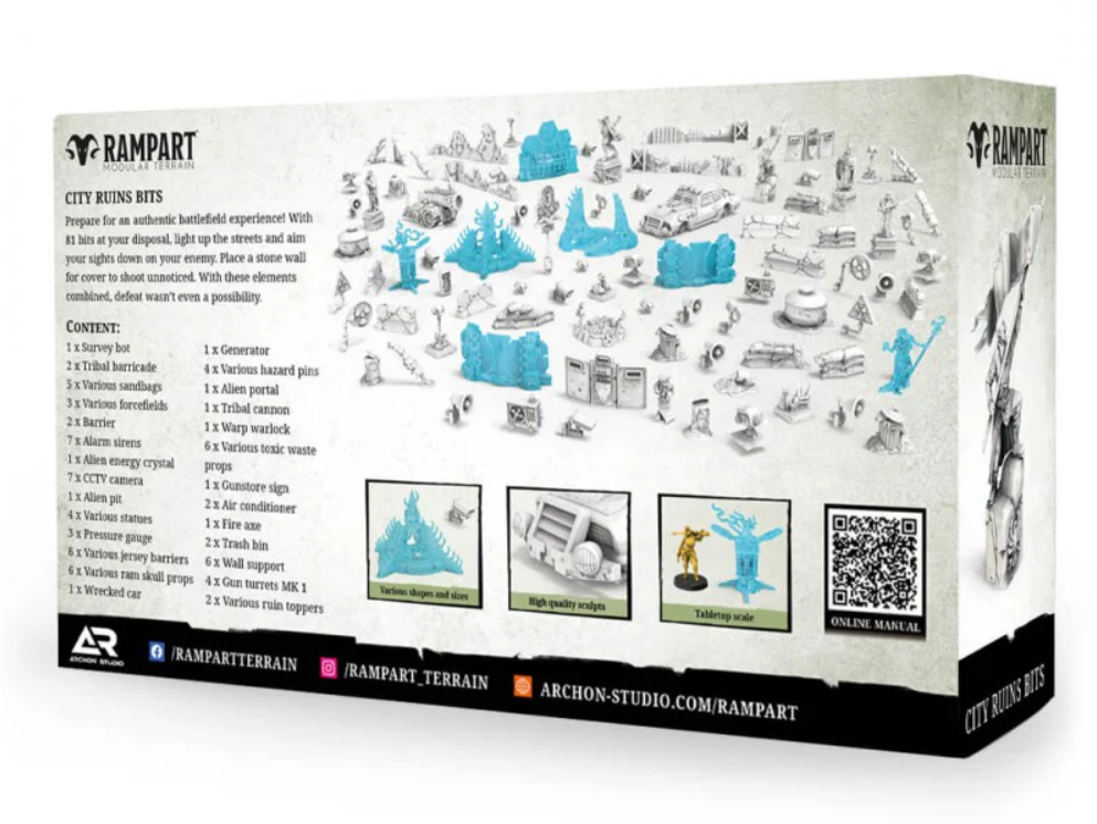 Back of a white product box for &quot;Rampart City Ruins Bits&quot; tabletop terrain, displaying many grey and blue miniature pieces