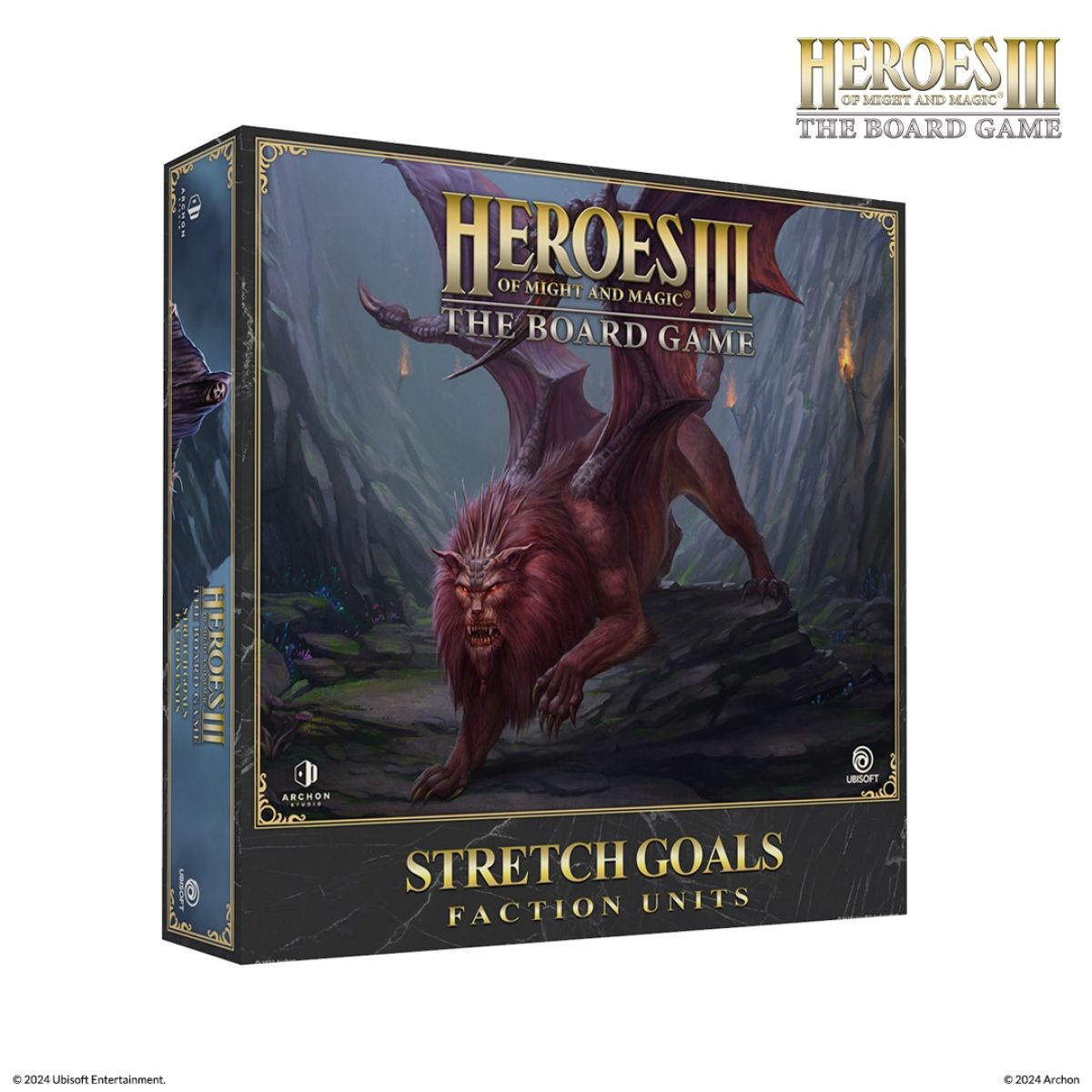 The Heroes of Might and Magic III The Board Game Stretch Goals Faction Units box displays a red winged lion-like beast with glowing eyes