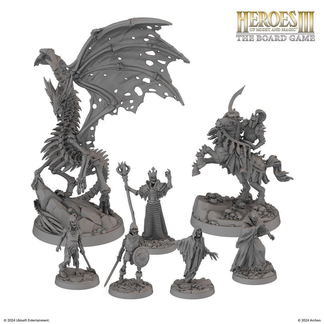 Grey miniatures for Heroes of Might and Magic III The Board Game featuring an undead dragon, mounted knight, skeletal king, ghost, zombie, and skeleton warriors