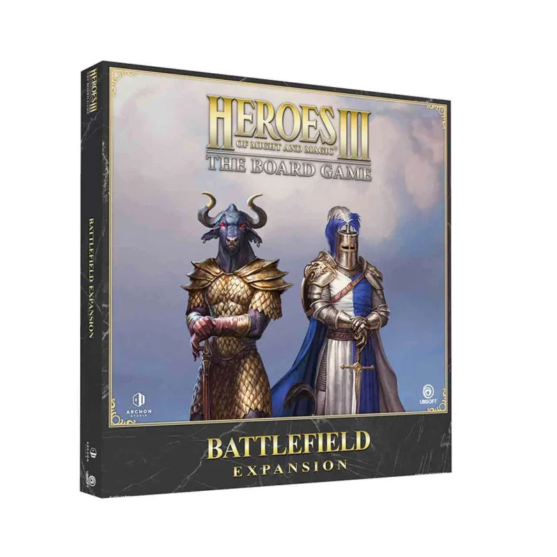 The Heroes of Might and Magic III The Board Game Battlefield Expansion box features a minotaur and a knight in armor against a light sky