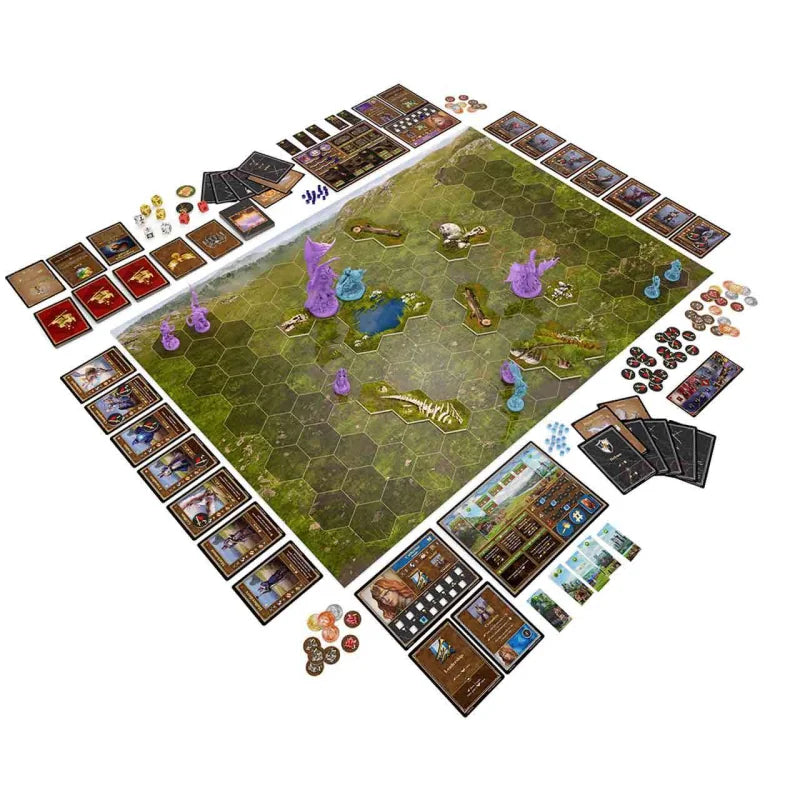 Heroes of Might and Magic III The Board Game Battlefield Expansion setup with a hexagonal map, miniature figures, cards, dice, and tokens spread across a white surface