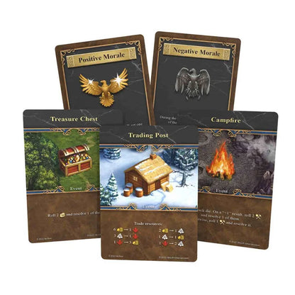 Five Heroes of Might and Magic III The Board Game cards are fanned out, displaying images of eagles, a treasure chest, a trading post, and a campfire