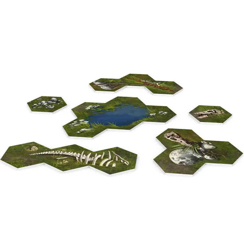 Hexagonal board game tiles for Heroes of Might and Magic III The Board Game Battlefield Expansion depicting a pond, dinosaur skeletons, and rocks on green grass