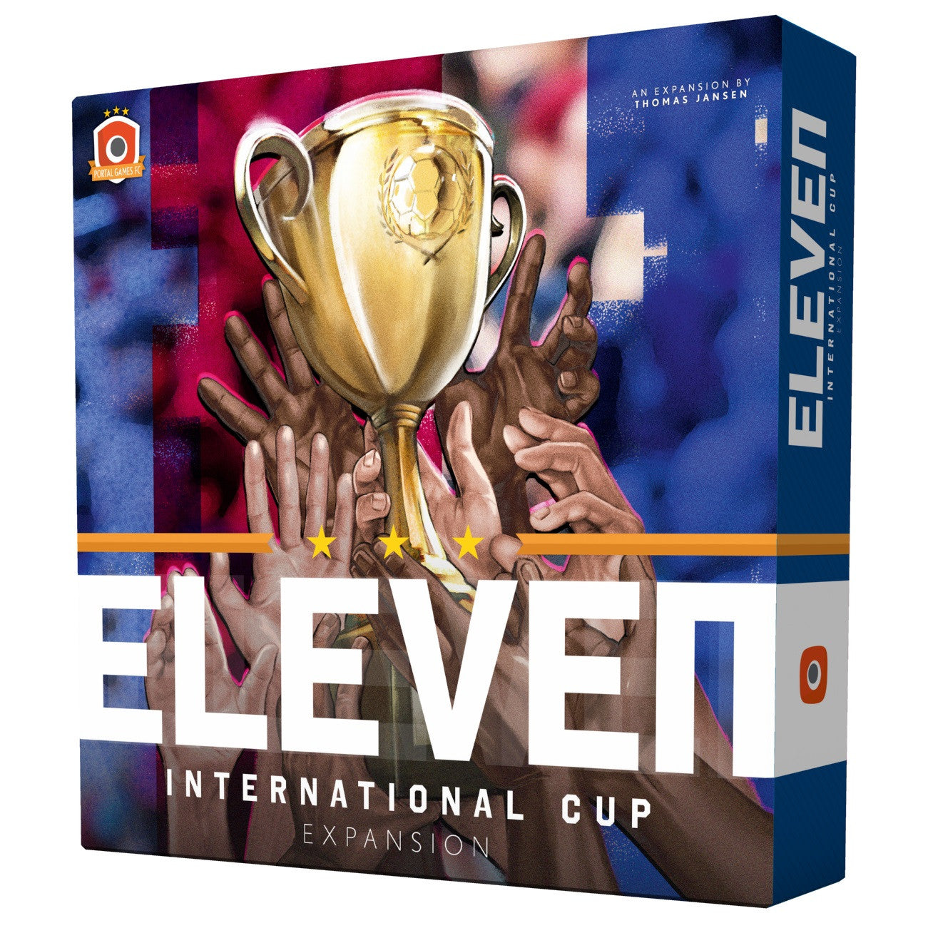 Eleven International Cup Expansion board game box showing hands reaching for a golden trophy