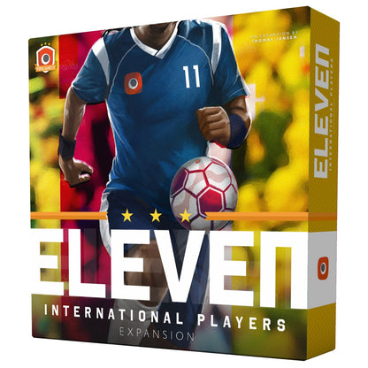 Eleven International Players expansion board game box featuring a soccer player running with a ball