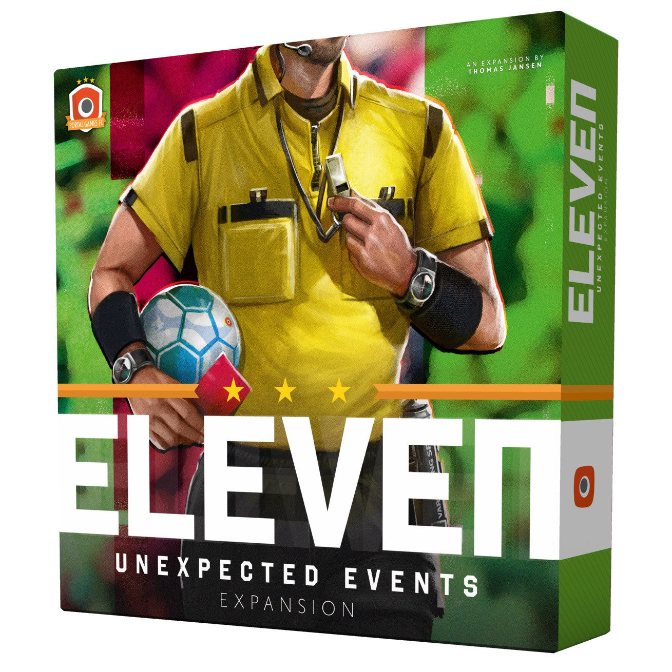 Box cover of Eleven: Unexpected Events expansion featuring a red banner, a football pitch background, and stylized event icons indicating surprise gameplay elements