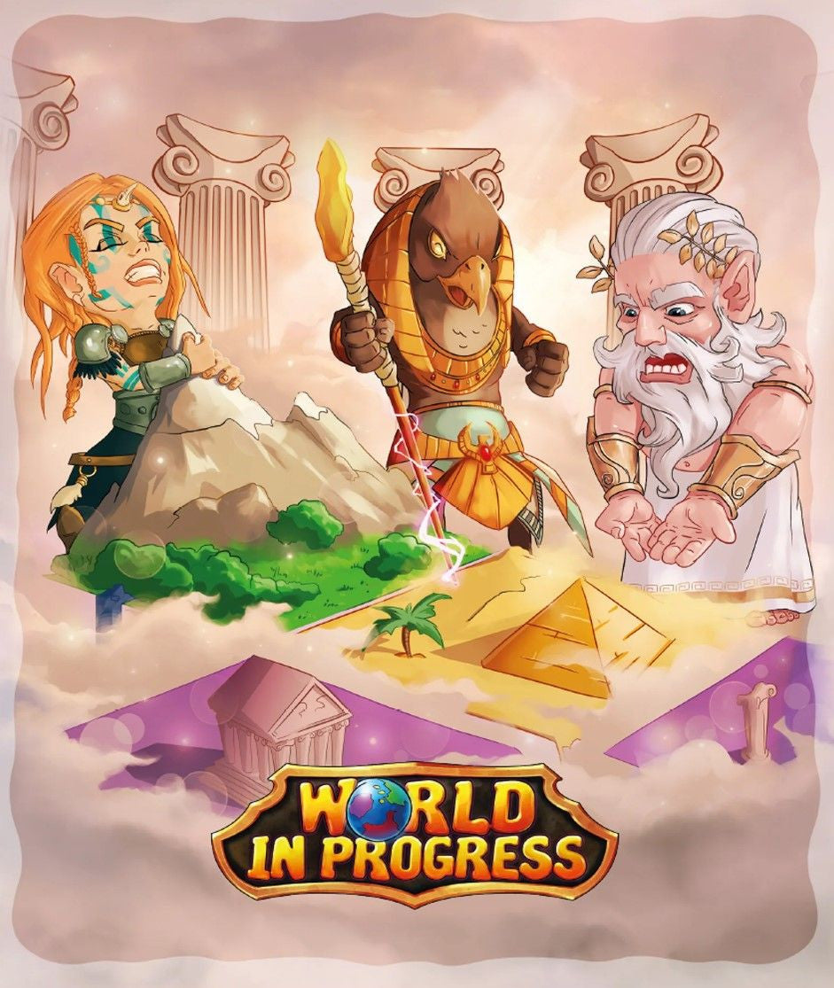 World in Progress game art showing Greek Norse and Egyptian mythological figures battling over different terrains