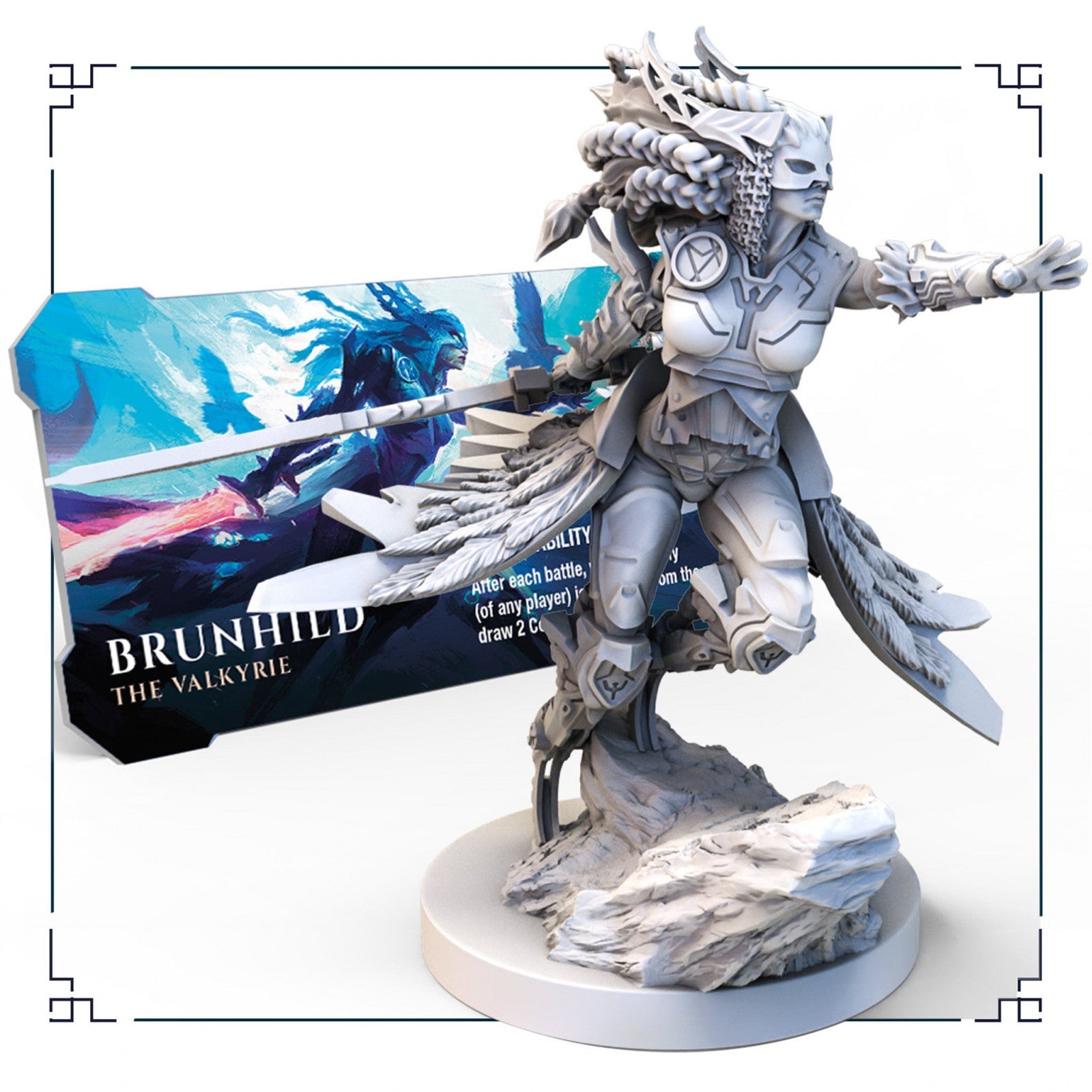 Brunhild The Valkyrie Lords of Ragnarok unpainted miniature figure on a rock base with game card