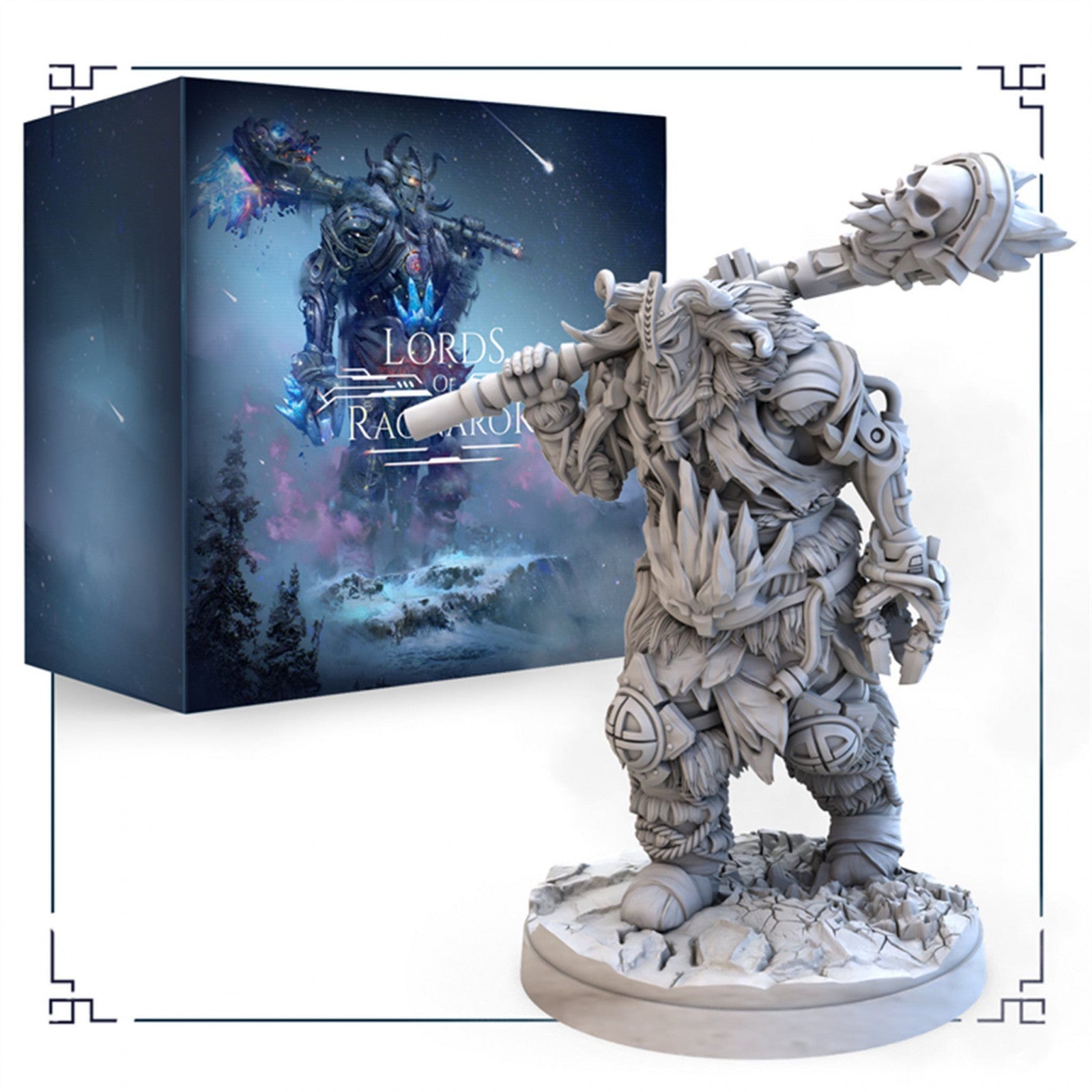 Lords of Ragnarok board game box and miniature of a warrior in fur armor holding a large mallet