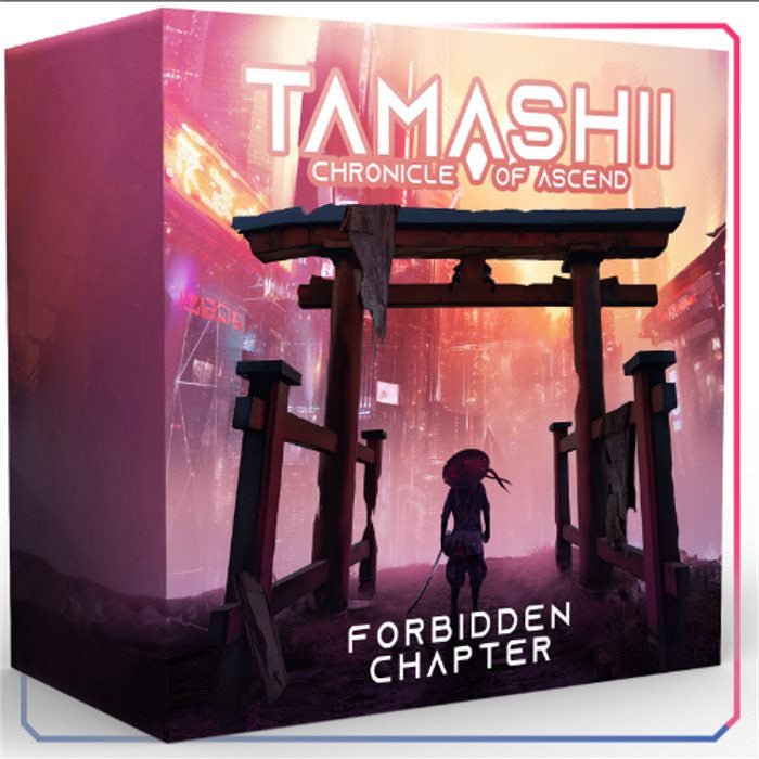 Tamashii Chronicle of Ascend Forbidden Chapter board game box featuring a futuristic cityscape and ancient Japanese shrine gateway