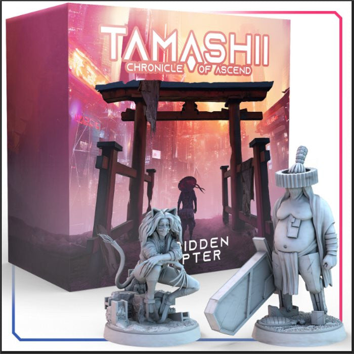 Tamashii Chronicle of Ascend board game box with two miniature figures one of a cat-like person and one of a large person with a shield
