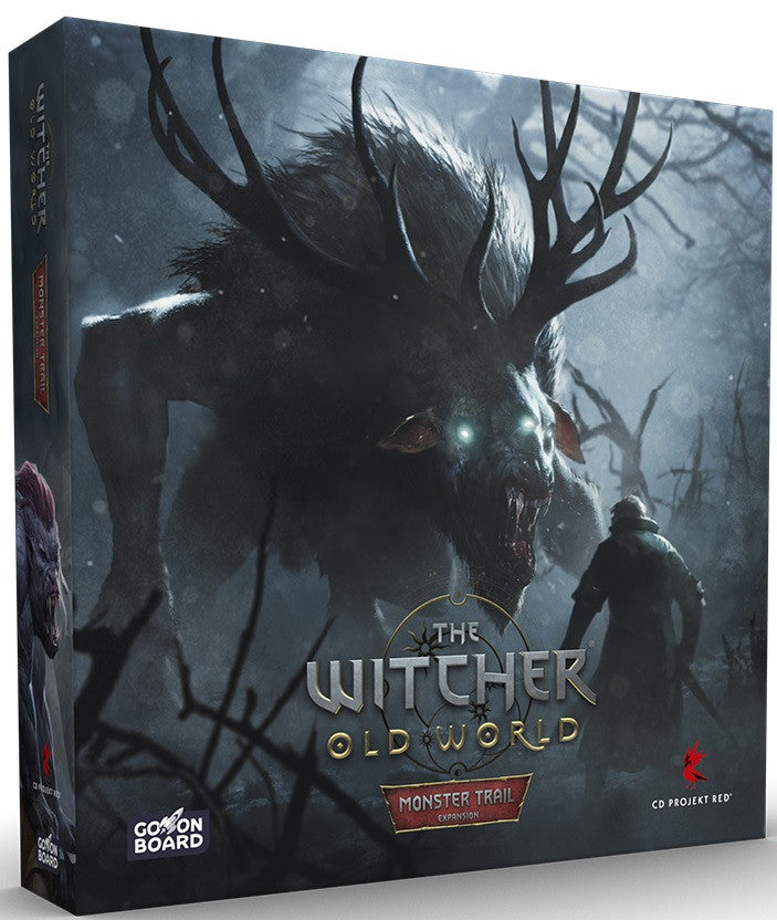 The Witcher Old World Monster Trail expansion board game box with a terrifying horned beast and a lone witcher