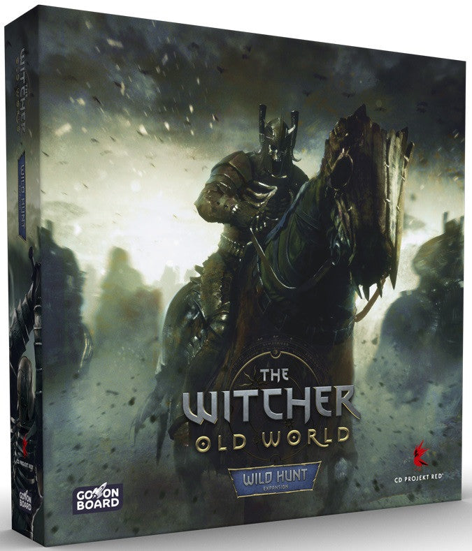 The Witcher Old World Wild Hunt board game expansion box featuring a rider in dark armor on a horse charging through a dusty misty landscape
