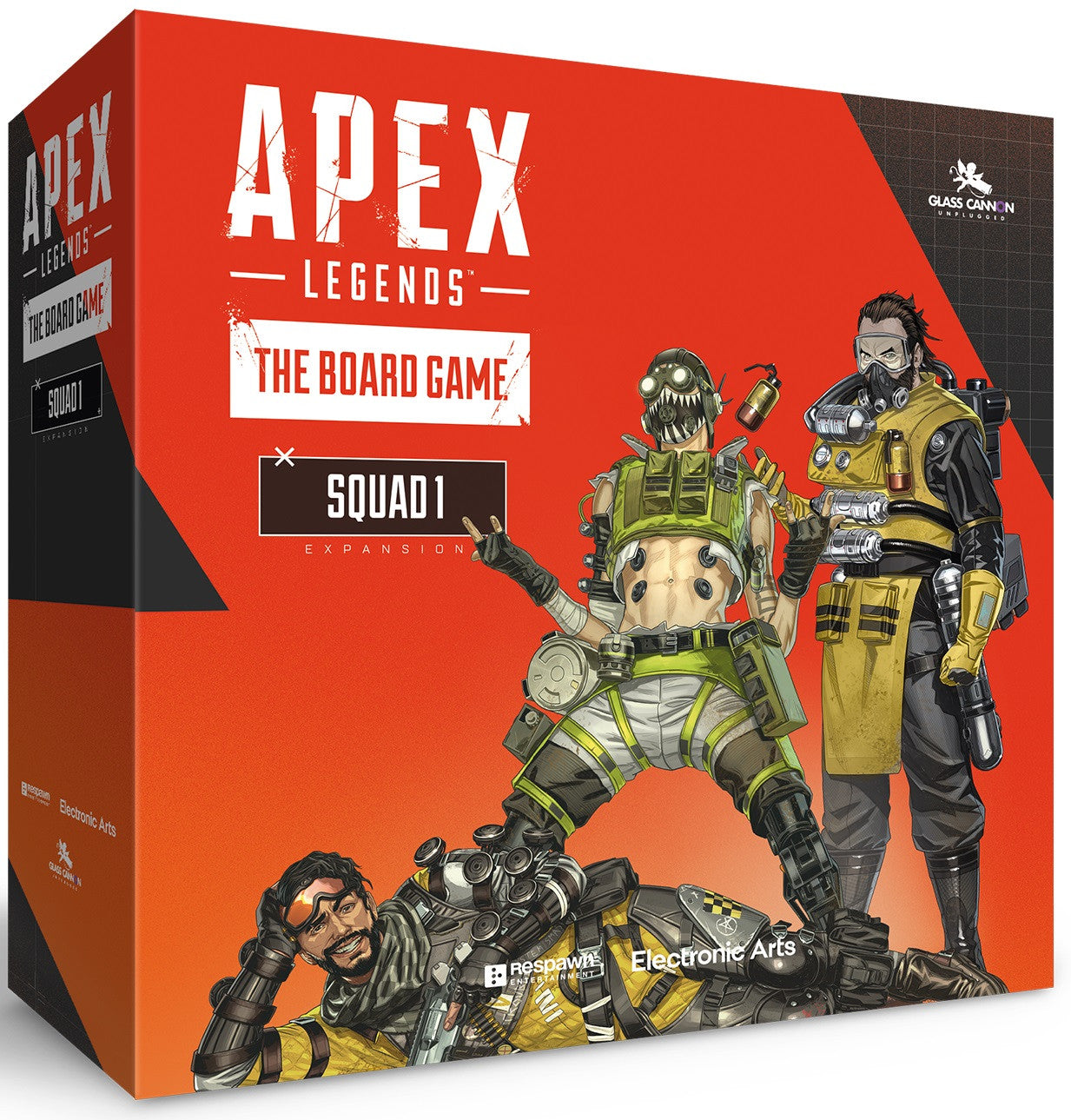 The box for Apex Legends The Board Game Squad 1 Expansion shows three characters, two standing and one lying down, on a red and black background