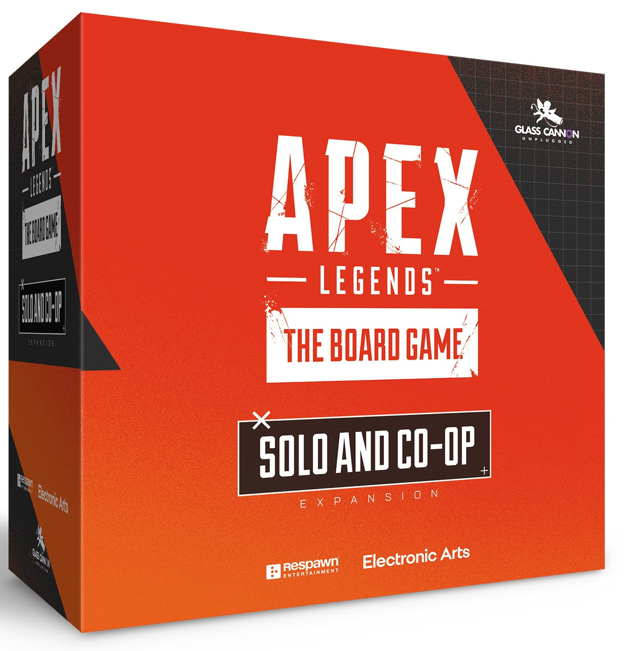 A red and orange box for the Apex Legends The Board Game – Solo and Co-op Expansion with white text on the front and side