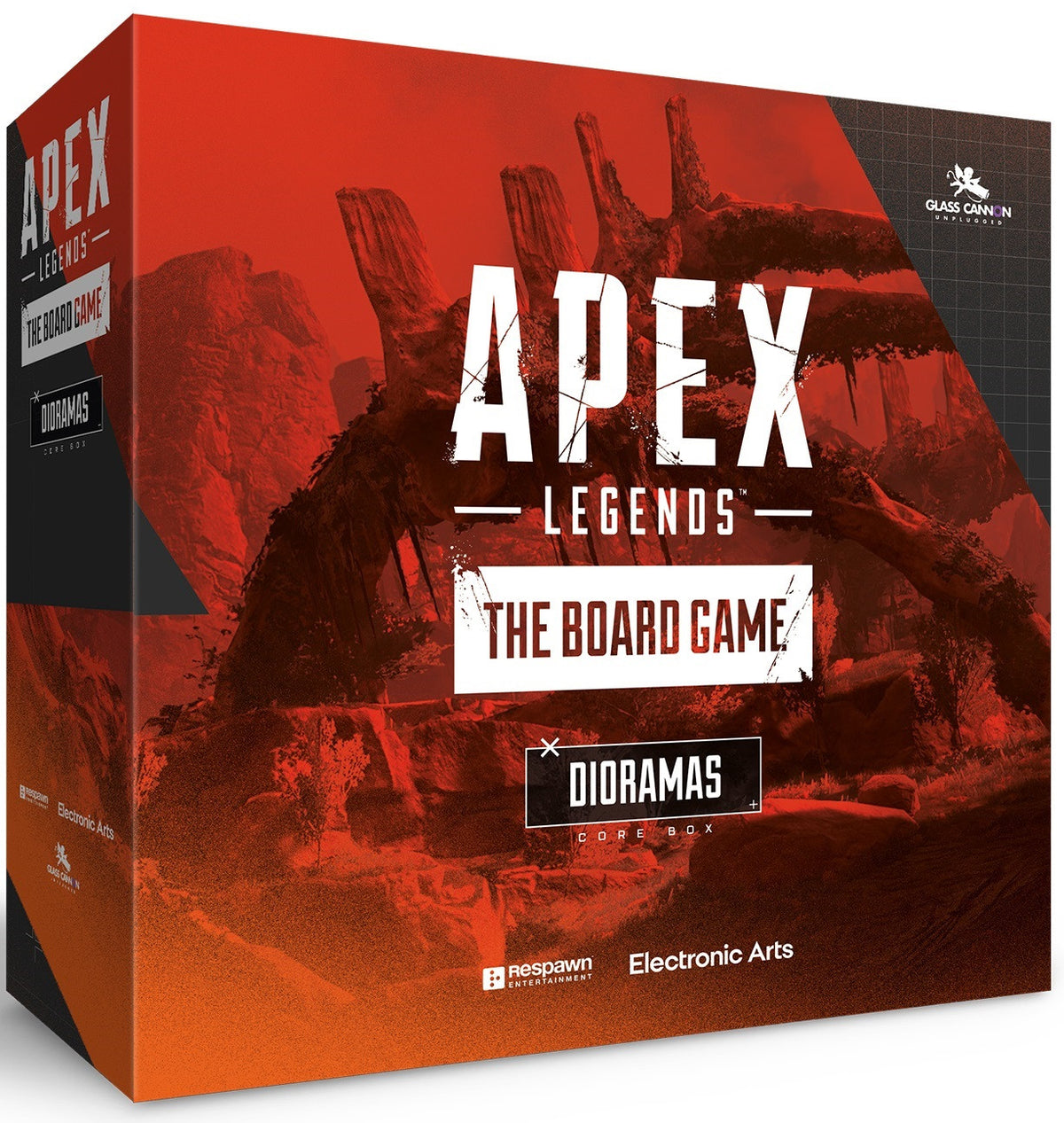 Apex Legends The Board Game Core Box Dioramas expansion a large red and black box featuring game art of a desolate landscape