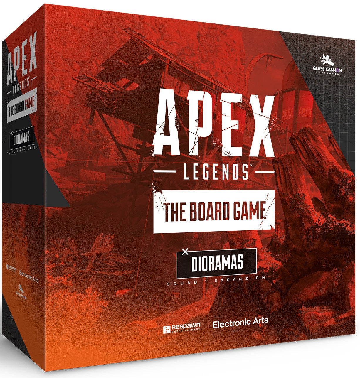 A red and orange Apex Legends The Board Game Dioramas Squad 1 Expansion box with a dramatic landscape scene