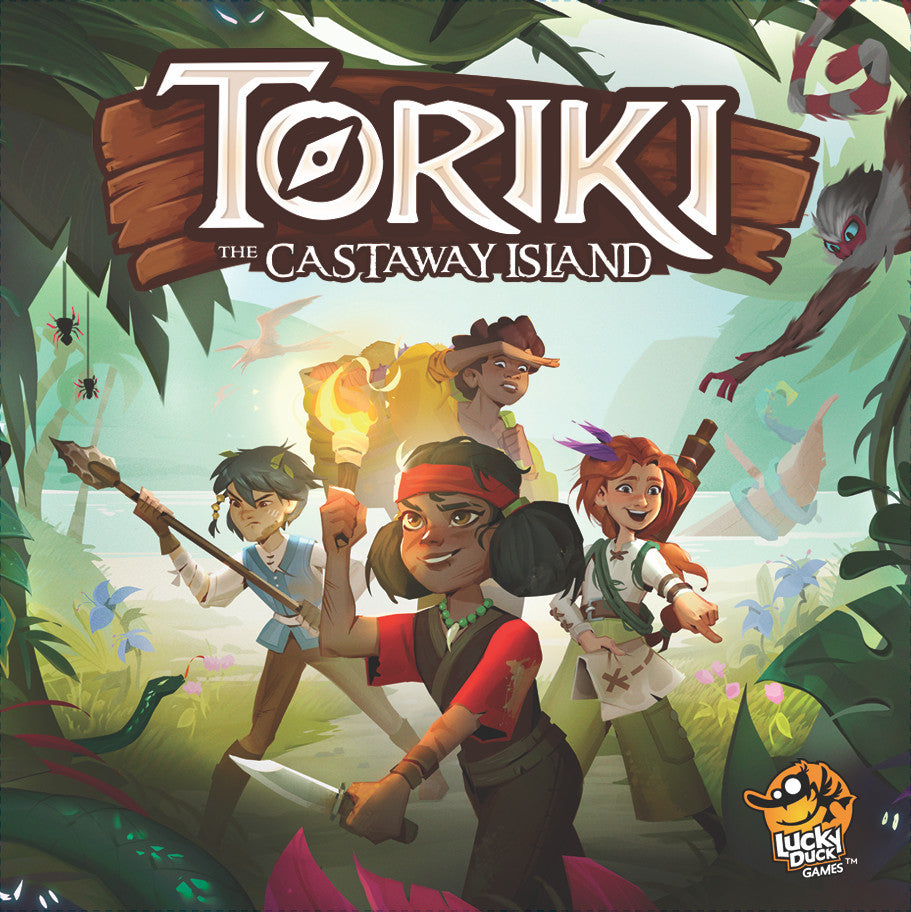 Toriki The Castaway Island board game cover art featuring adventurous characters in a jungle setting
