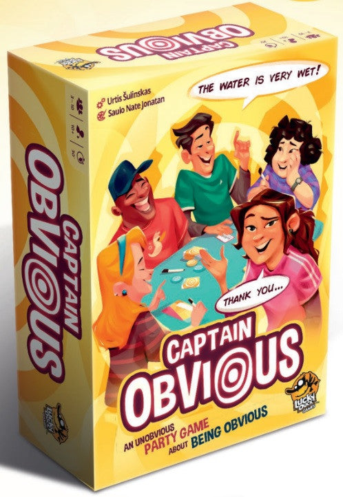 Captain Obvious board game box featuring group of friends laughing and speech bubbles