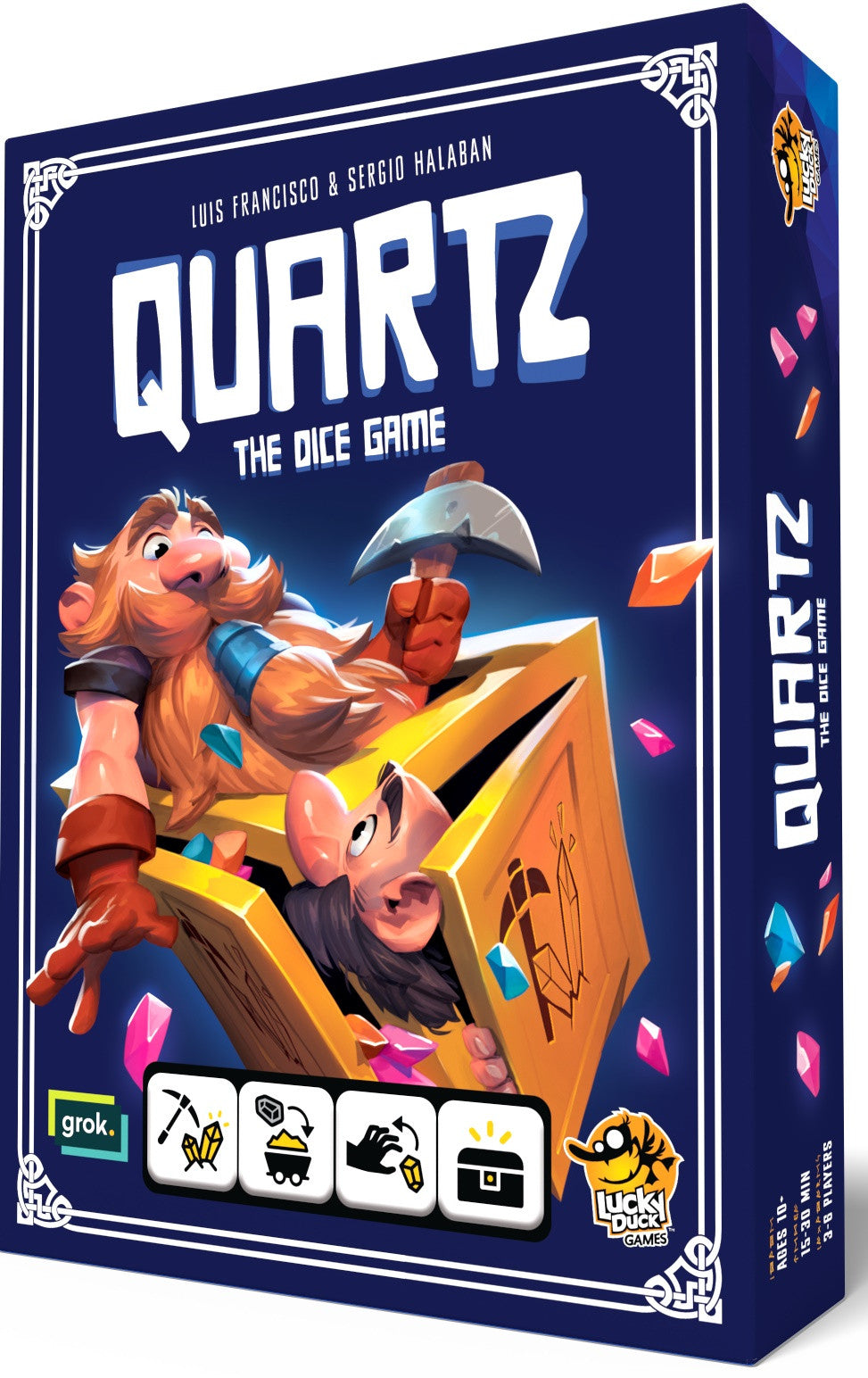 Quartz The Dice Game box featuring cartoon dwarfs with gems around a treasure chest
