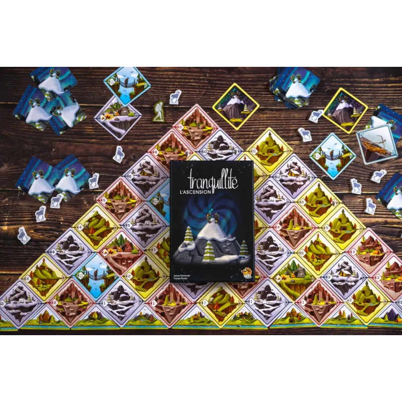 Close-up of game cards and tokens featuring tranquil illustrations