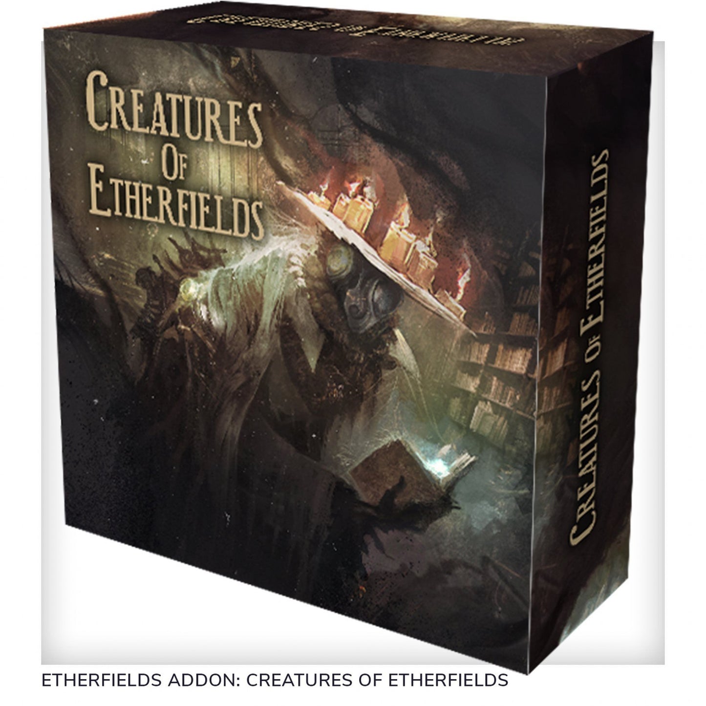 Creatures of Etherfields board game addon box with dark fantasy art of a robed figure reading a glowing book in a library