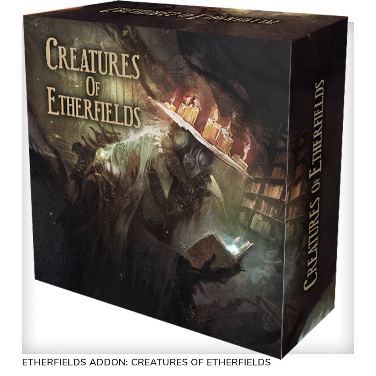 Creatures of Etherfields board game addon box with dark fantasy art of a robed figure reading a glowing book in a library